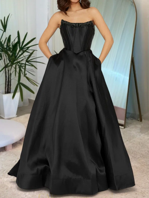 Black Ball Gown Strapless Satin Corset Prom Dresses With Beading #Milly020127707