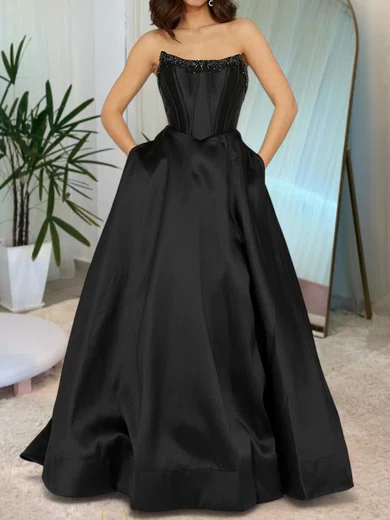 Black Ball Gown Strapless Satin Corset Prom Dresses With Beading #Milly020127707