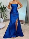 Sheath/Column Strapless Satin Prom Dresses With Ruched #Milly020127718
