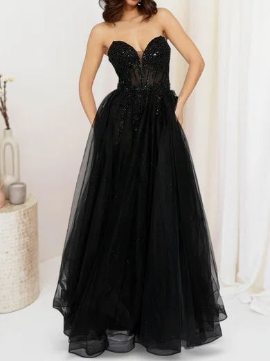 Black Ball Gown Strapless Tulle Prom Dresses With Beading #Milly020127721