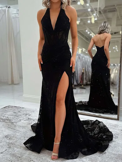 Black Mermaid Halter Lace Beaded Prom Dresses With Ruched #Milly020127743