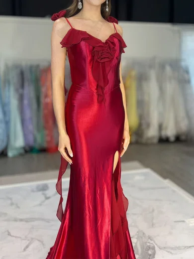 Burgundy Mermaid V-neck Satin Prom Dresses With Ruffle #Milly020127755