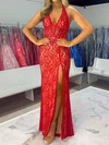 Sheath/Column V-neck Lace Floor-length Beaded Prom Dresses #Milly020127757