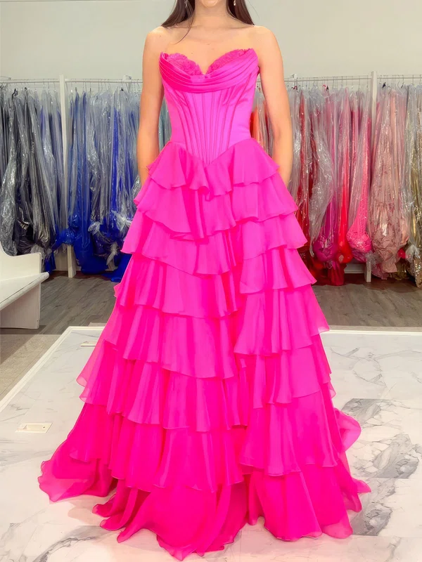 Ball Gown Strapless Satin Chiffon Tiered Prom Dresses With Appliques #Milly020127759