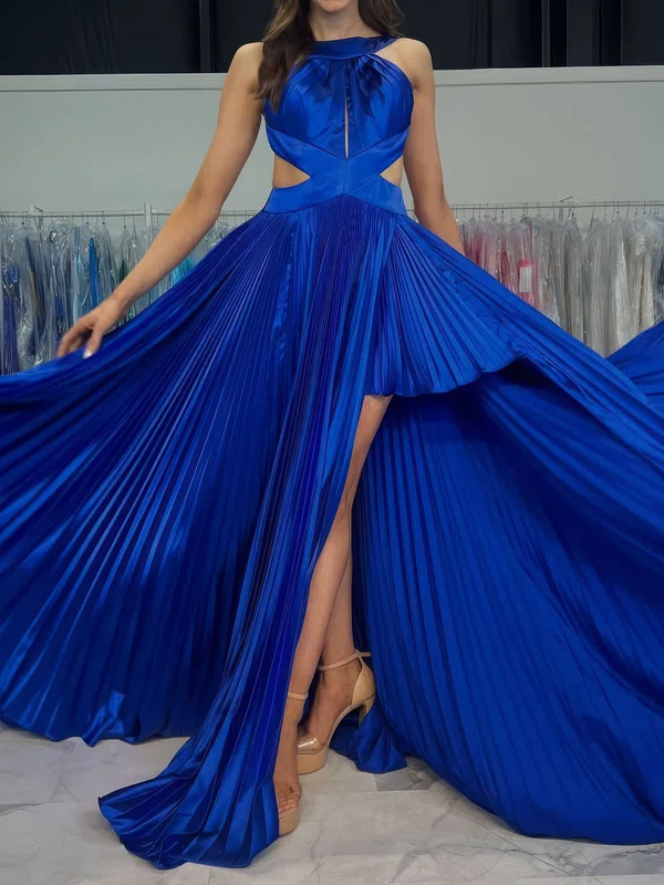 A-line Scoop Neck Satin Cut Out Prom Dresses With Ruched #Milly020127763