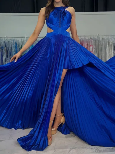 A-line Scoop Neck Satin Cut Out Prom Dresses With Ruched #Milly020127763