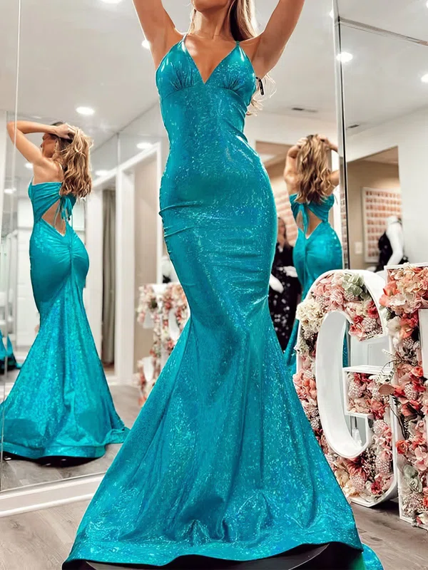 Mermaid V-neck Glitter Cut Out Prom Dresses With Ruched #Milly020127778