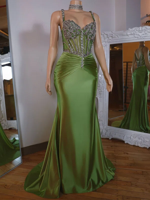 Mermaid V-neck Satin Corset Prom Dresses With Beading #Milly020127785
