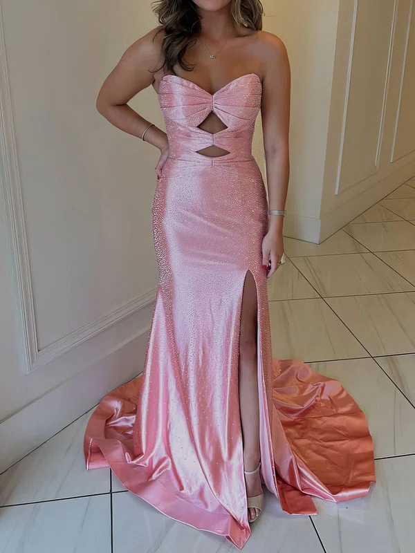 Mermaid Strapless Satin Cut Out Beaded Prom Dresses #Milly020127804