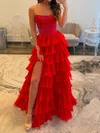 Ball Gown Strapless Satin Chiffon Tiered Prom Dresses With Beading #Milly020127806