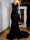 Black Mermaid V-neck Sparkly Sequin Prom Dresses #Milly020127839