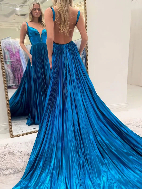 Sparkly A-line V-neck Backless Metallic Prom Dresses With Ruched #Milly020127847