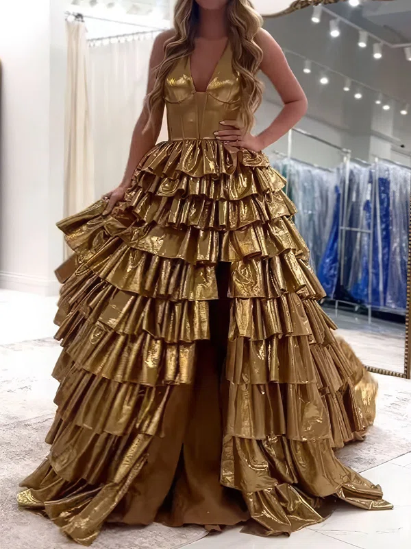 Ball Gown Halter Metallic Ruffle Tiered Prom Dresses #Milly020127848