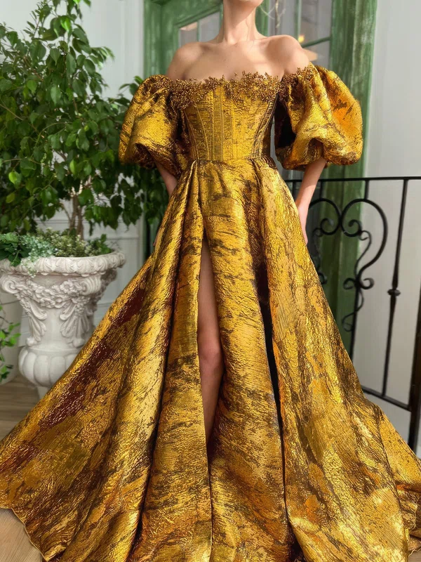 Ball Gown Off-the-shoulder Satin Puff Sleeve Corset Prom Dresses #Milly020127850