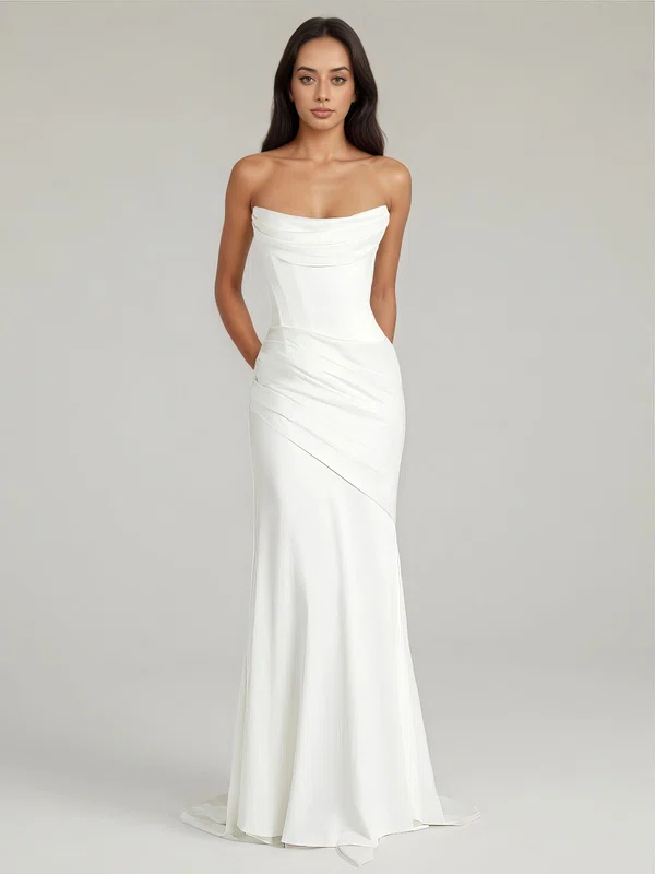 Sheath/Column Straight Silk-like Satin Sweep Train Ruched Formal Dresses PT02028866