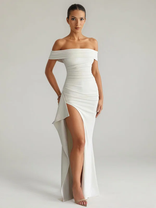 Sheath/Column Off-the-shoulder Jersey Floor-length Ruched Formal Dresses PT02028868