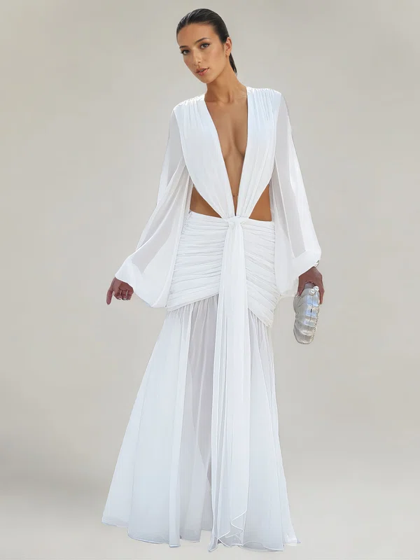 Sheath/Column V-neck Chiffon Floor-length Ruched Formal Dresses PT02028870