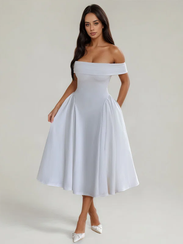 Ball Gown Off-the-shoulder Stretch Crepe Tea-length Ruched Formal Dresses PT02028879