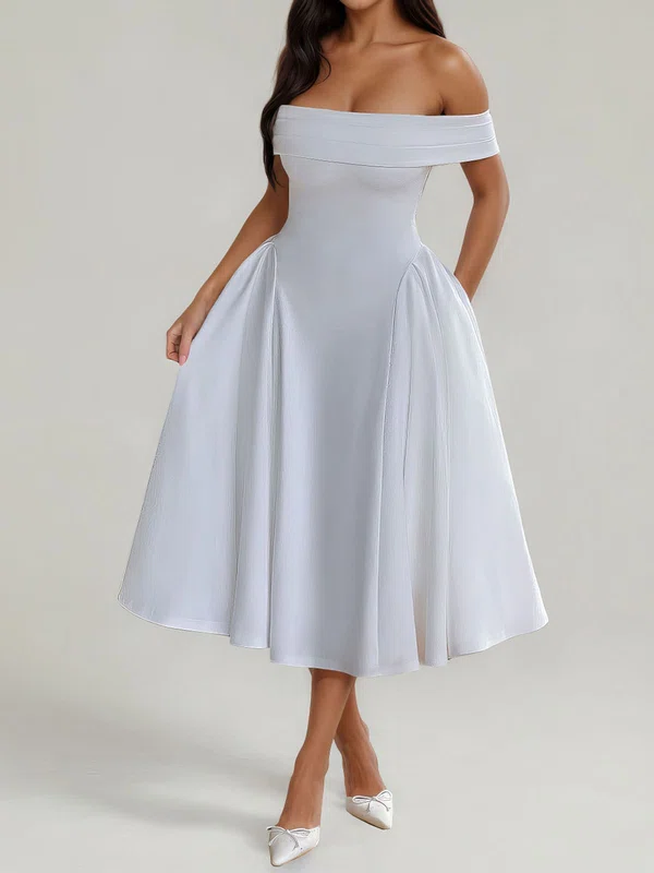 Ball Gown Off-the-shoulder Satin Ruched Long Homecoming Dresses PT02028879