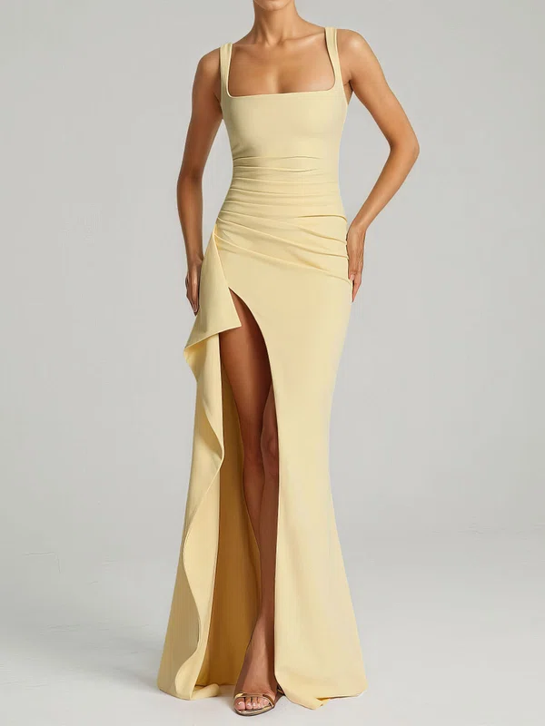 Square Neck Stretch Crepe Bodycon Ruffle Split Long Homecoming Dresses PT02028883