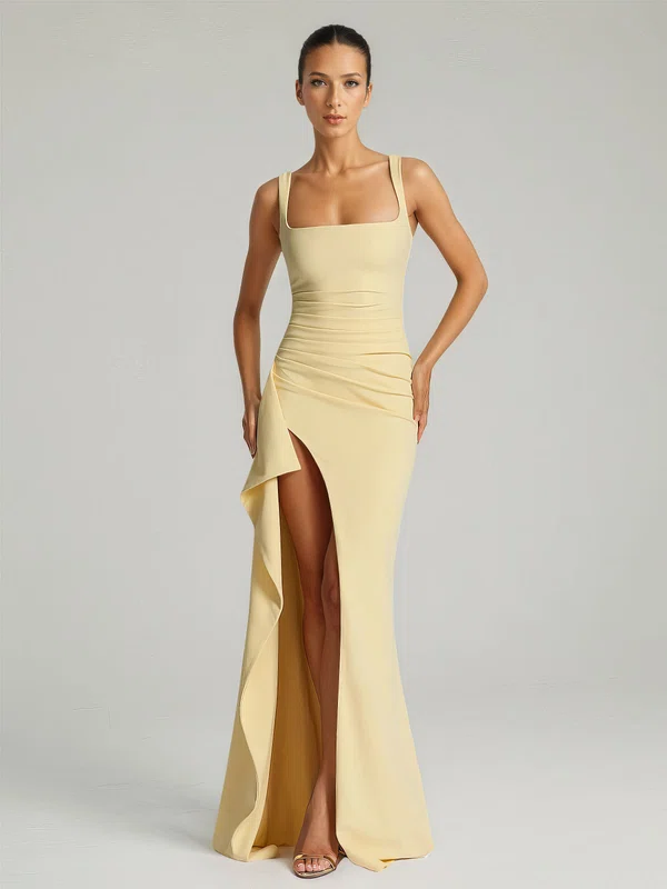 Sheath/Column Square Neckline Stretch Crepe Sweep Train Ruched Formal Dresses PT02028883