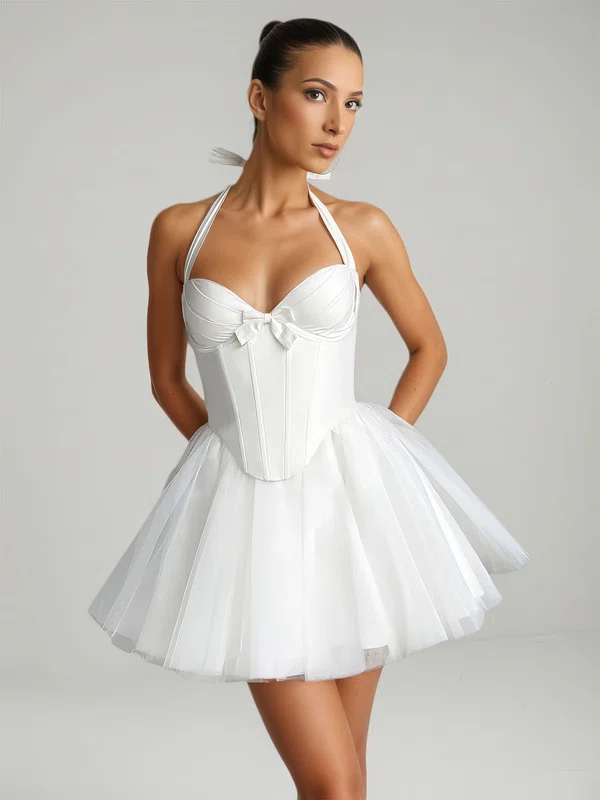 Ball Gown Halter Satin Tulle Short/Mini Bow Formal Dresses PT02028884