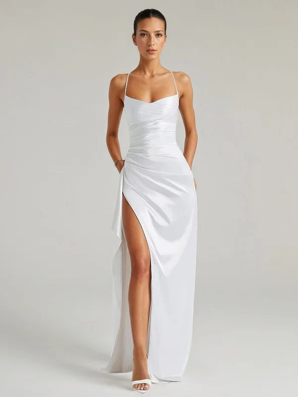 Sheath/Column V-neck Silk-like Satin Floor-length Ruched Formal Dresses PT02028888