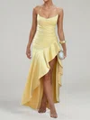 Backless V-neck Fitted Satin Asymmetrical Ruffle Long Homecoming Dresses PT02028889