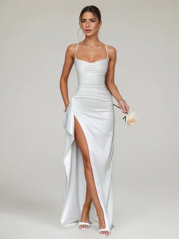 Sheath/Column V-neck Silk-like Satin Floor-length Ruched Formal Dresses PT02028895
