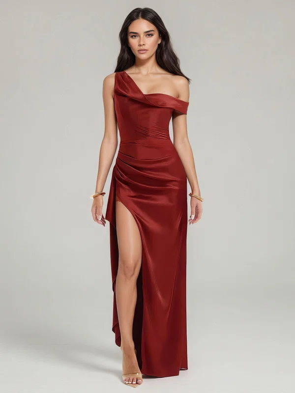 Sheath/Column One Shoulder Silk-like Satin Floor-length Ruched Formal Dresses PT02028896