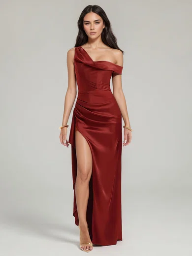 Sheath/Column One Shoulder Silk-like Satin Floor-length Ruched Formal Dresses PT02028896