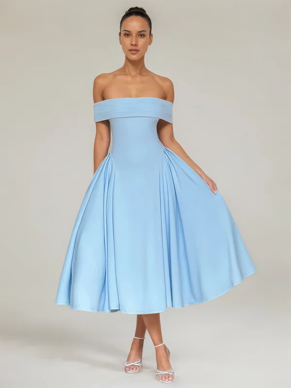 Ball Gown Off-the-shoulder Stretch Crepe Tea-length Ruched Formal Dresses PT02028898