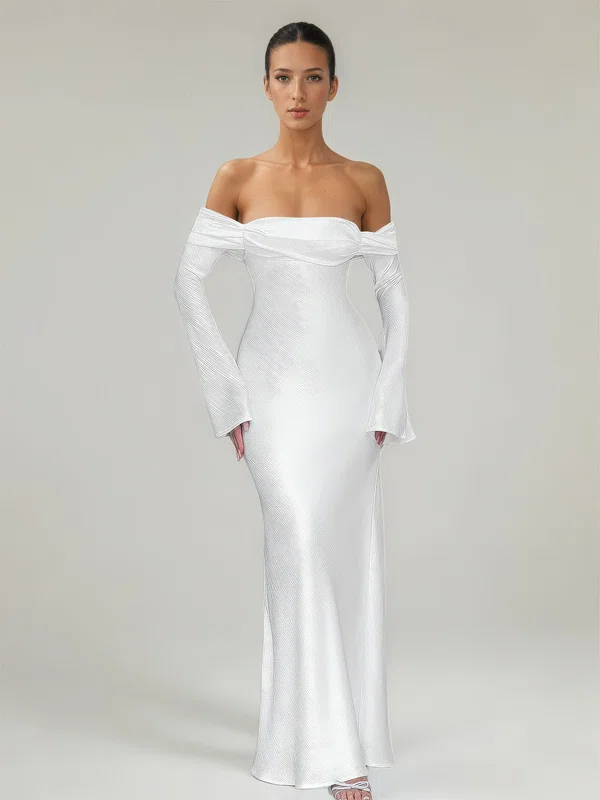 Sheath/Column Off-the-shoulder Silk-like Satin Floor-length Ruched Formal Dresses PT02028899