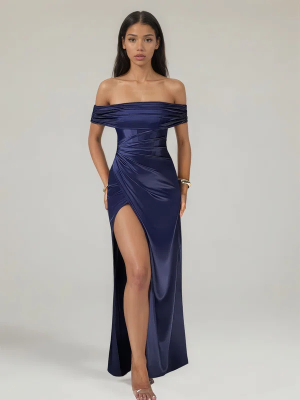 Sheath/Column Off-the-shoulder Silk-like Satin Floor-length Ruched Formal Dresses PT02028902