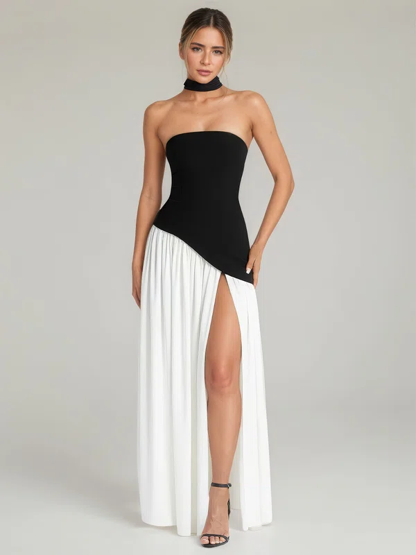 A-line Halter Jersey Floor-length Split Front Formal Dresses PT02028905