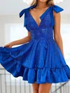 Sparkly A-line V-neck Satin Ruffle Beaded Homecoming Dresses #Milly02054798