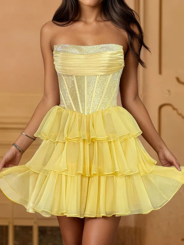 Sparkly A-line Strapless Chiffon Tiered Beaded Homecoming Dresses #Milly02054805