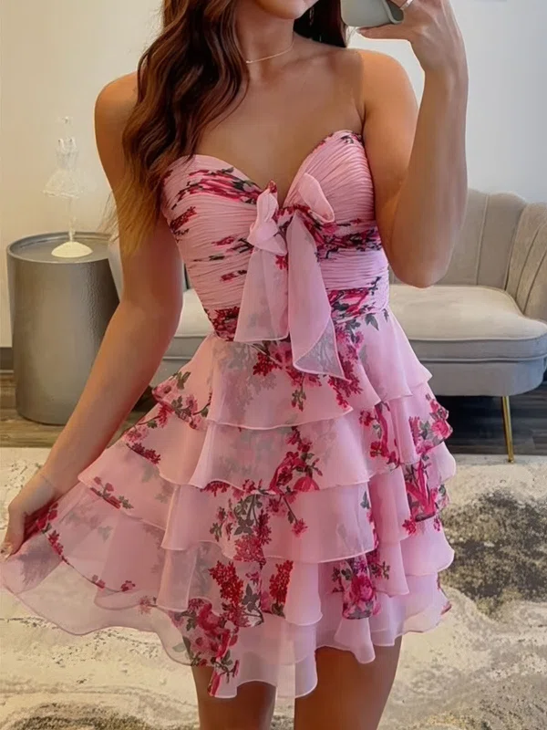 Pink Red Floral Strapless A-line Tiered Ruffle Homecoming Dresses #Milly02054837
