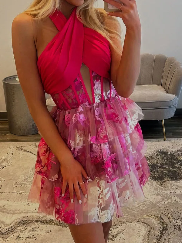 Corset A-line Halter Tulle Tiered Floral Homecoming Dresses #Milly02054847