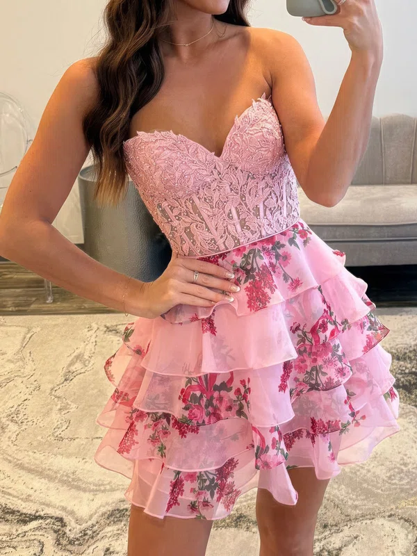 Pink Red Floral Corset A-line Tiered Ruffle Homecoming Dresses #Milly02054870