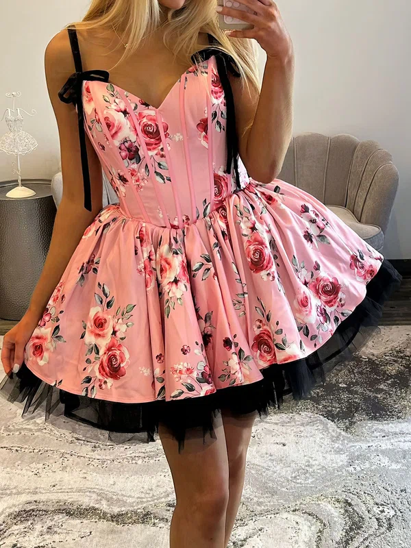 Corset Skater V-neck Satin Floral Homecoming Dresses #Milly02054879