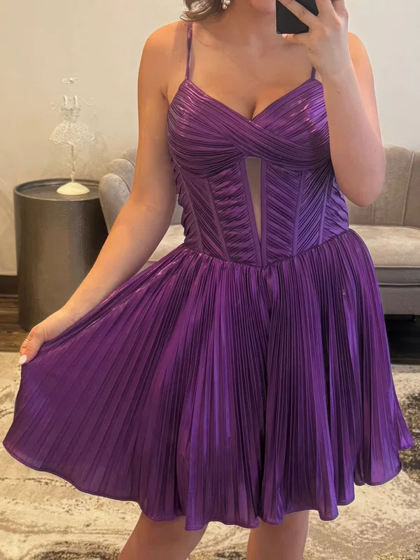 A-line V-neck Metallic Pleated Homecoming Dresses #Milly02054889
