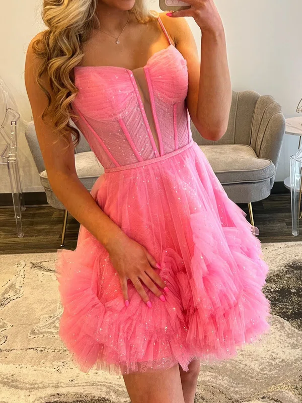 Corset Skater V-neck Glitter Tulle Tiered Homecoming Dresses #Milly02054890