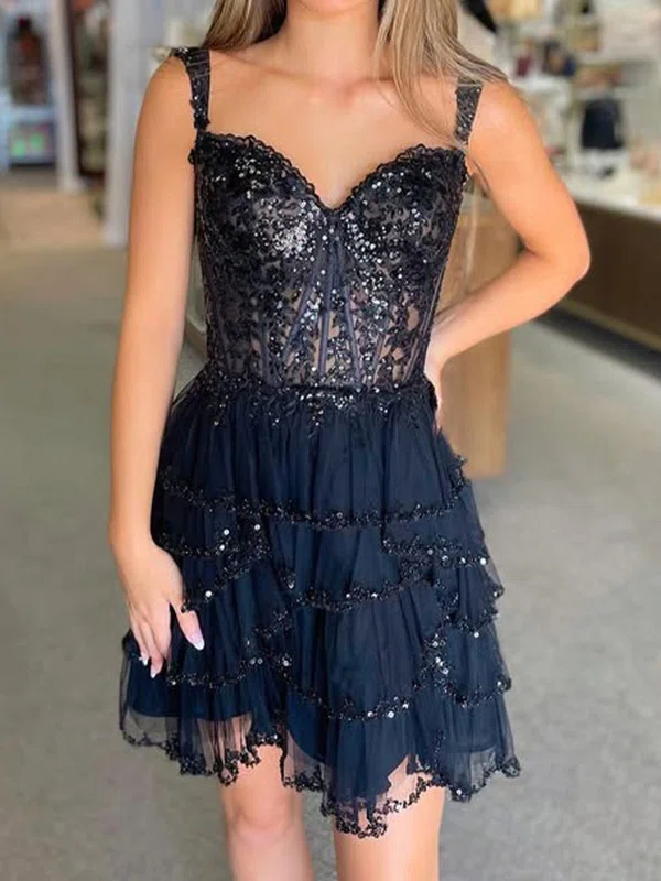 Black Corest A-line Tulle Tiered Homecoming Dresses #Milly02055018