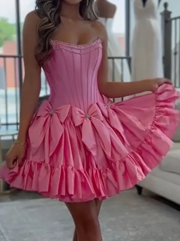 Corset Skater Taffeta Strapless Ruffle Homecoming Dresses with Bow #Milly02055024