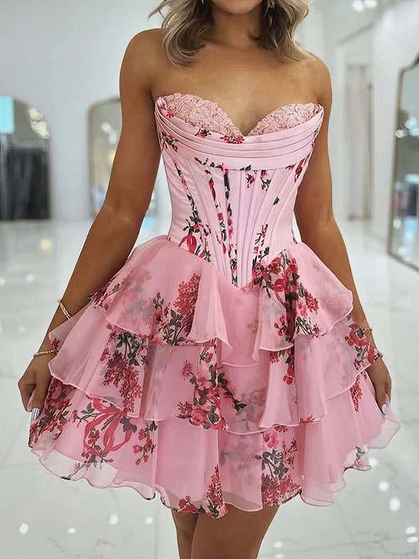 Corset Strapless Floral Print Appliques Tiered Homecoming Dresses #Milly02055072