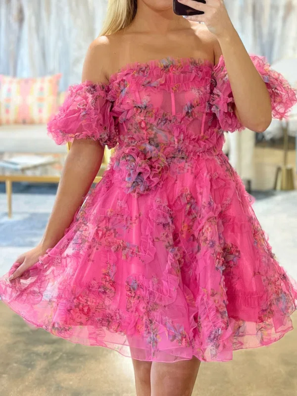 Off-the-shoulder Tulle Floral Print Ruffle Short Sleeves Homecoming Dresses #Milly02055080
