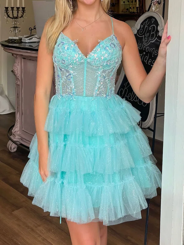 Corset V-neck Glitter Tulle Skater Tiered Homecoming Dresses #Milly02055088