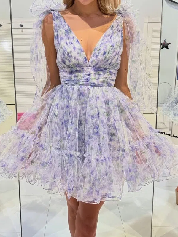 Puffy A-line V-neck Tulle Floral Print Homecoming Dresses #Milly02055197