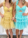 One Shoulder Glitter Tulle Skater Tiered Homecoming Dresses #Milly02055214